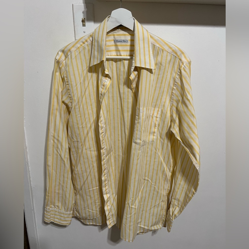 Christian Dior Vintage Button Down Dress Shirt Yellow Striped